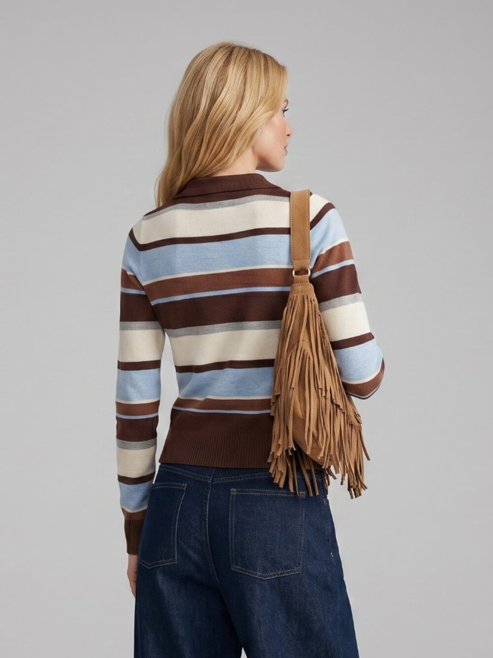 Women's Brown Blue Striped Button Cardigan Fall Casual Cropped Knit Sweater - Picture 2 of 4